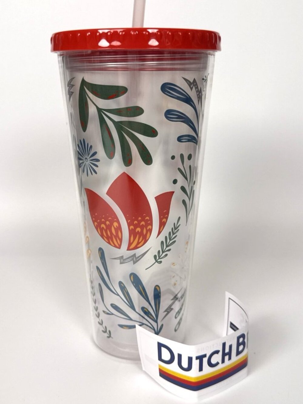 Dutch Bros Coffee 24oz Insulated Tumbler Frosted Tulip Red Lid Straw BPA Free